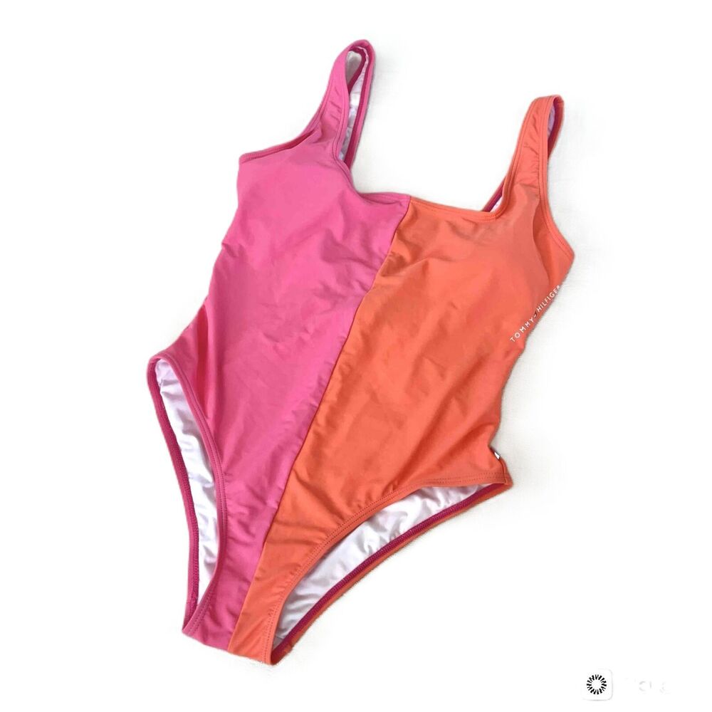 Tommy Hilfiger Swimsuit size 8 Colorblock Removable Pads Stretch One-Piece Pink